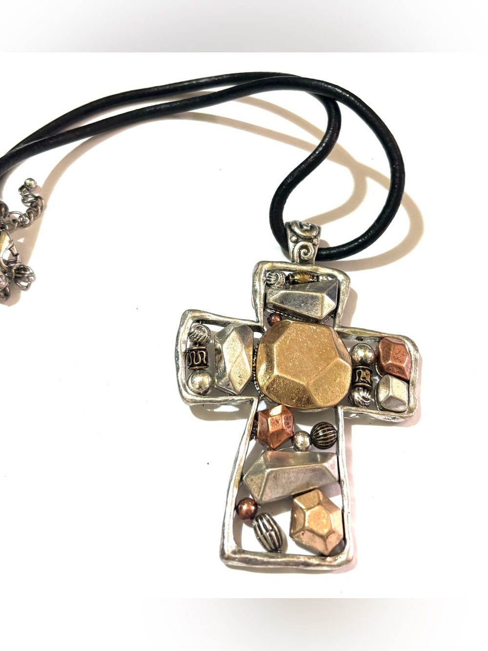 Mixed Metal Cross Pendant Necklace — Black Cord with Gold & Silver Accents